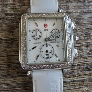 Stainless Steel Michele Deco Mop Dia Bezel Watch White rubber strap + Bracelet